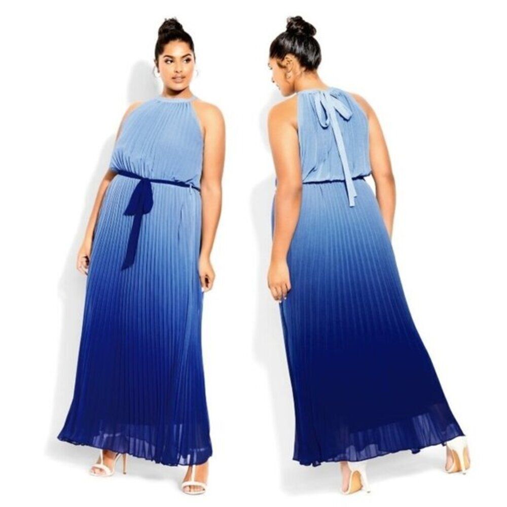 City Chic Women's Ombre Pleated‎ Halter Maxi Dress Elegant Party Blue Size 12